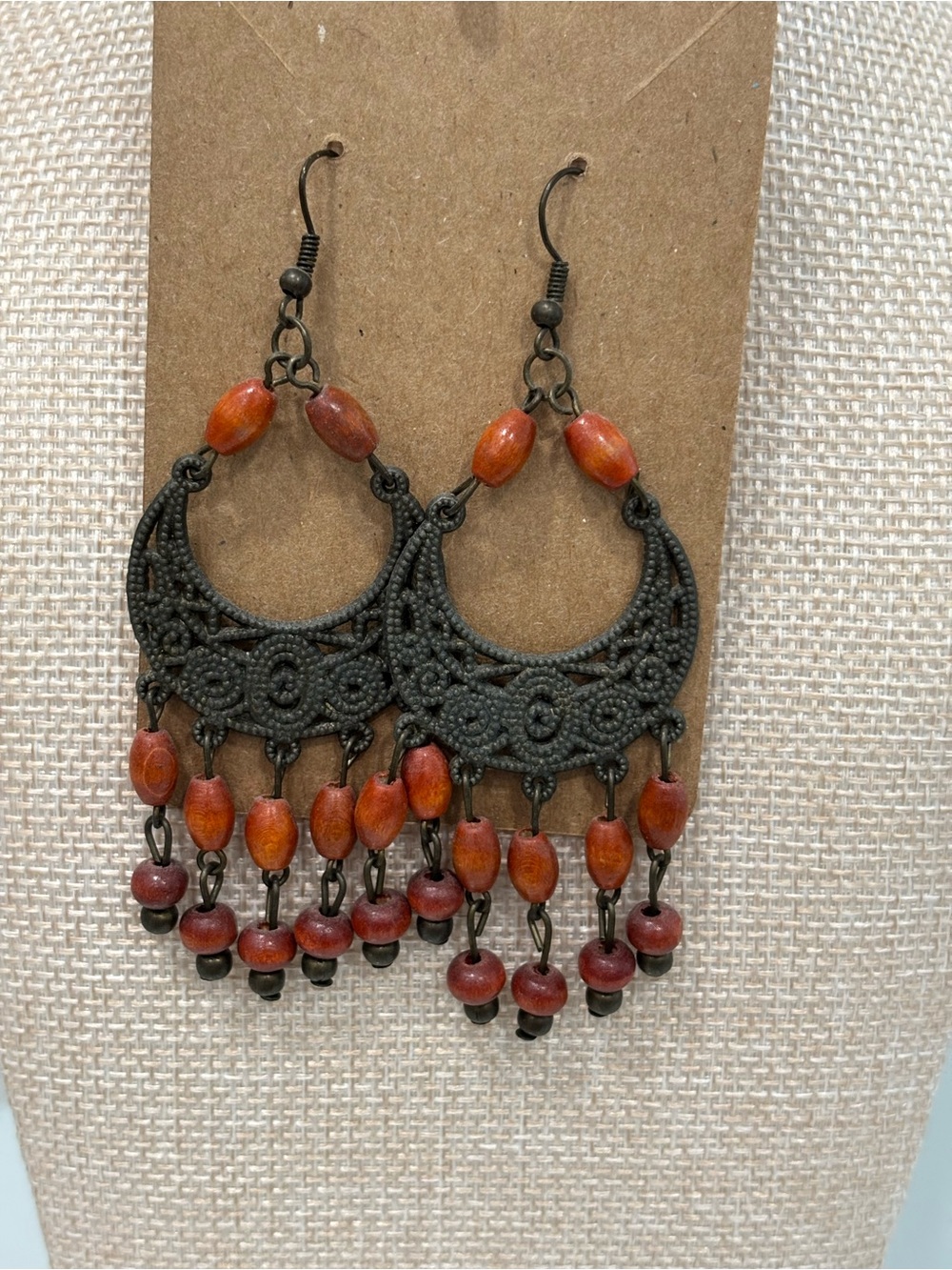 Boho Red Beaded Filigree Dangle Earrings